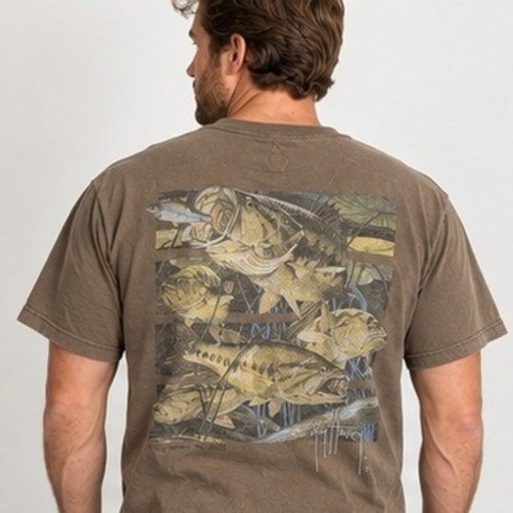 Guy Harvey T-Shirt 2X Olive Brown Distressed Graphic Bass Fishing Tee